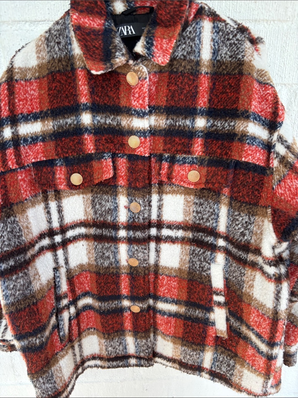 Zara Oversized Plaid Utility Shacket Jacket in Rust, Navy & Cream sz L - Picture 3 of 7